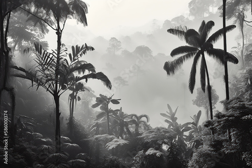 Wallpaper designed tropical forest and leaves in foggy environment black and white. Generative AI illustrations.	
