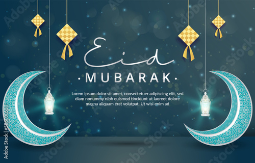 elegant eid mubarak banner with quote and beautiful shiny islamic ornament and abstract gradient blue and white background design