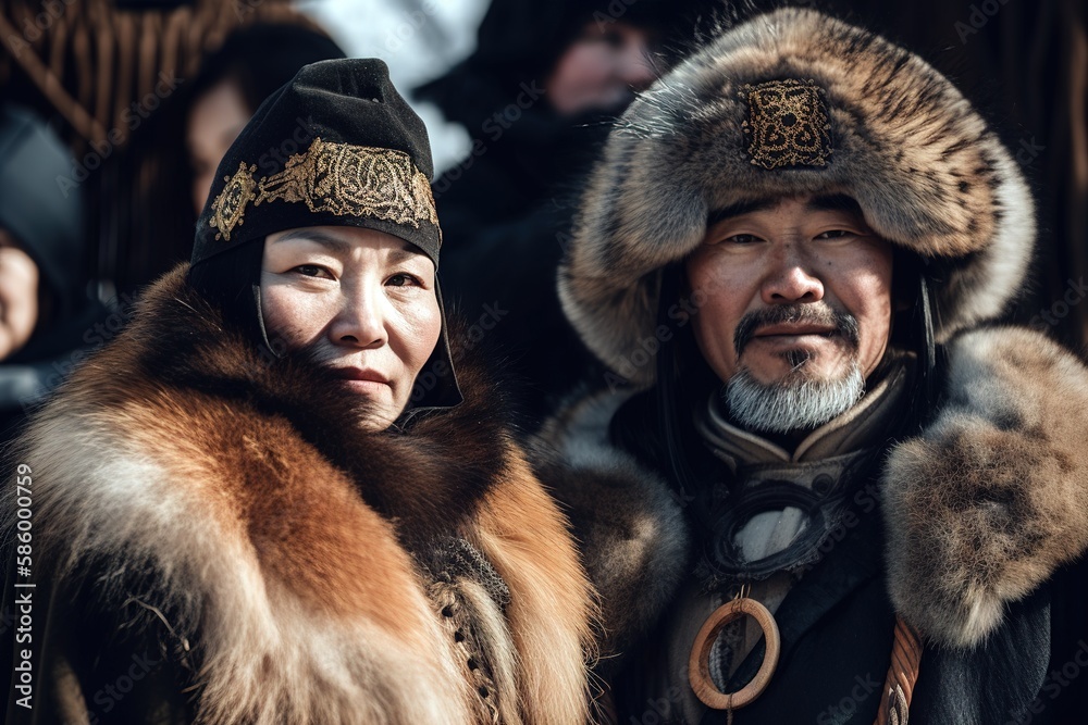 Ainu mature couple wearing traditional clothes. Generative AI