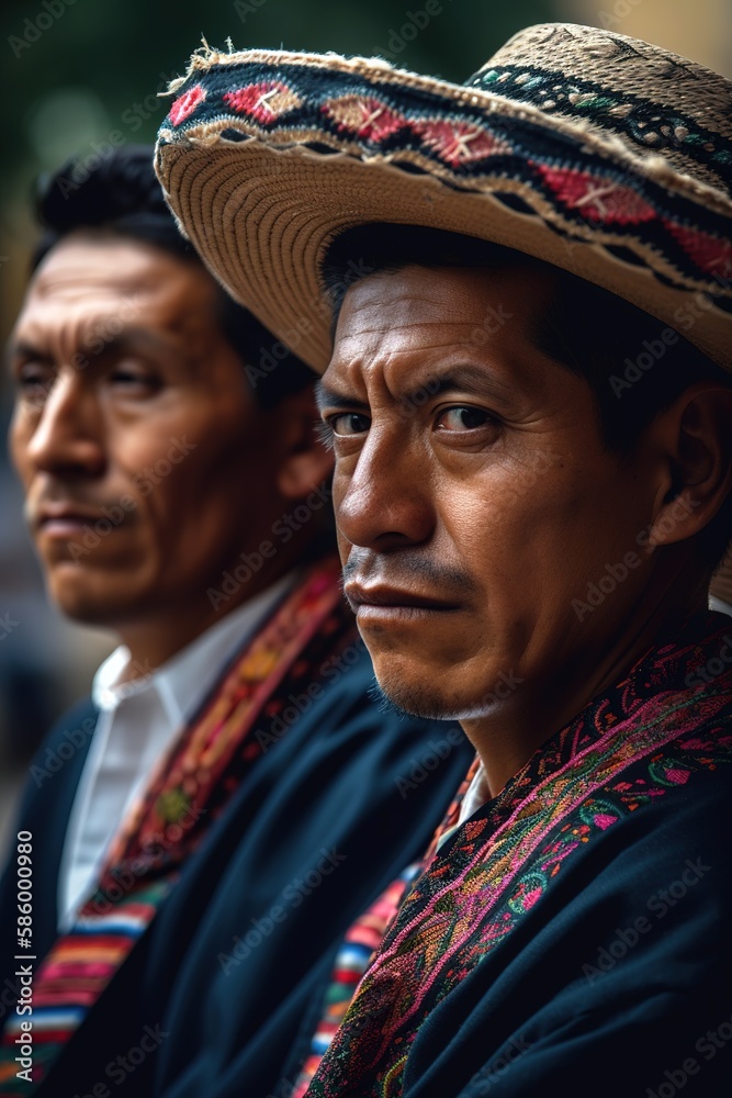 Indigenous Mexican man wearing traditional clothes. Focus on foreground. Generative AI vertical shot