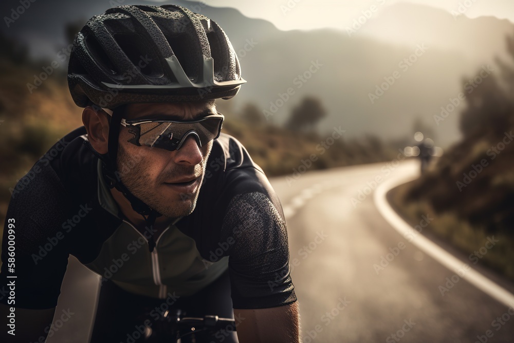 Cyclist pedaling on a mountain pavement road during training. Focus on foreground with copy space. Generative AI