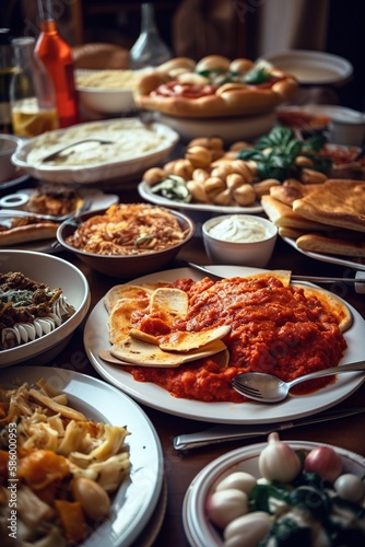 Delicious tasty table of traditional Italian food. Generative AI vertical shot