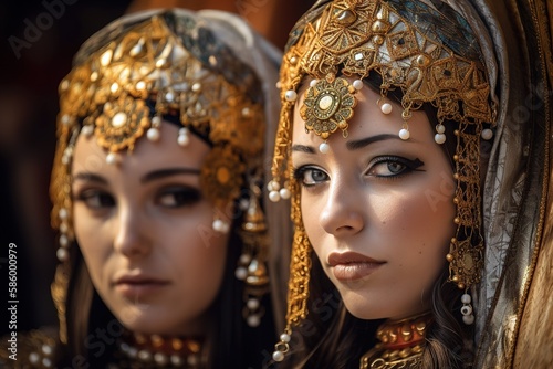 Gorgeous young women dressed in traditional belly dance costumes. Generative AI