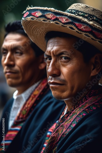 Indigenous Mexican man wearing traditional clothes. Focus on foreground. Generative AI vertical shot