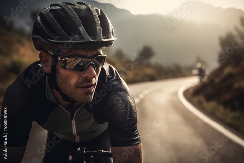 Cyclist pedaling on a mountain pavement road during training. Focus on foreground with copy space. Generative AI © Pajaros Volando