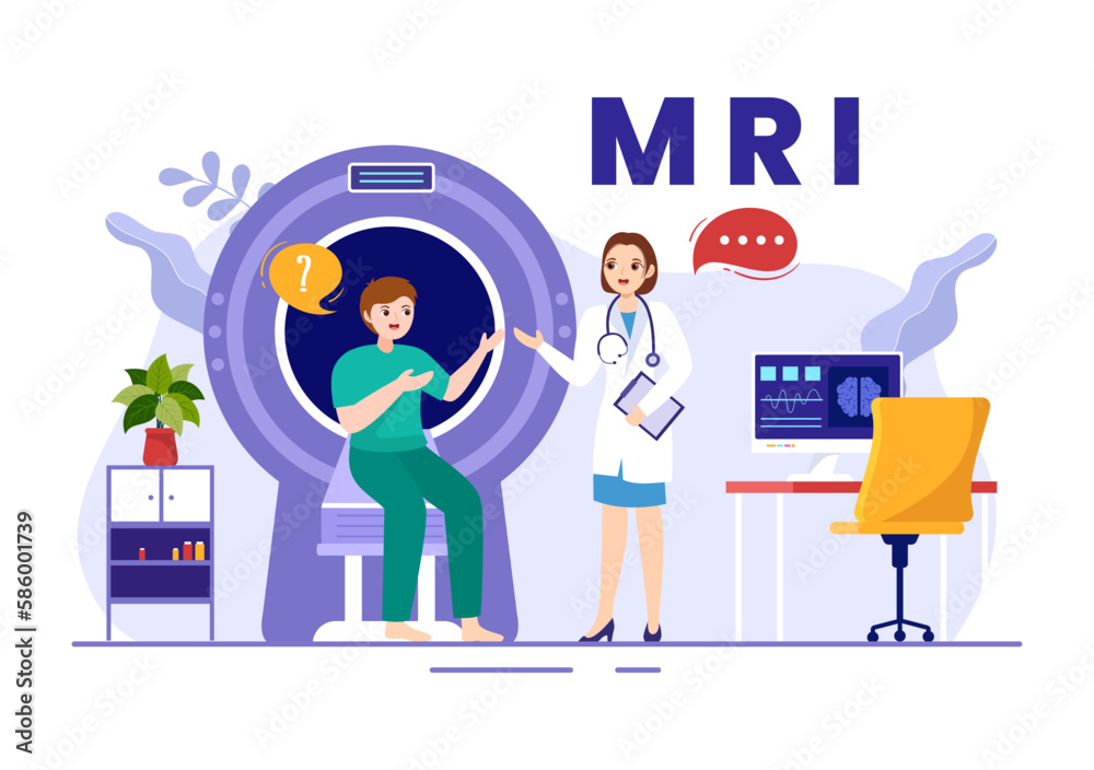 Obraz premium MRI or Magnetic Resonance Imaging Illustration with Doctor and Patient on Medical Examination and CT scan in Flat Cartoon Hand Drawn Templates
