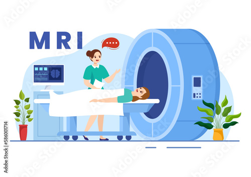 MRI or Magnetic Resonance Imaging Illustration with Doctor and Patient on Medical Examination and CT scan in Flat Cartoon Hand Drawn Templates