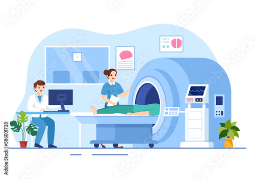 MRI or Magnetic Resonance Imaging Illustration with Doctor and Patient on Medical Examination and CT scan in Flat Cartoon Hand Drawn Templates