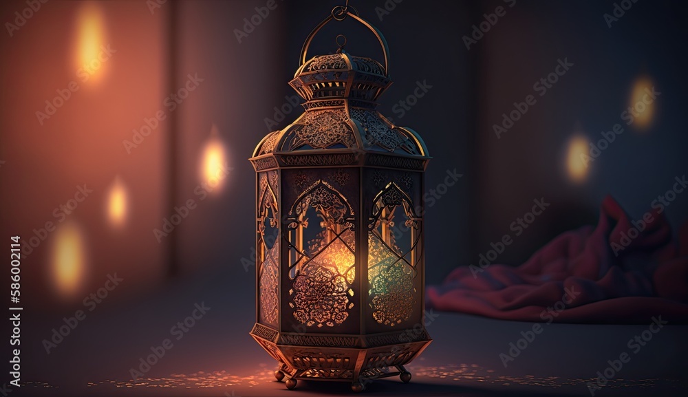 Ramadan mosque illustration lantern light candle dark cinematic background ai generated