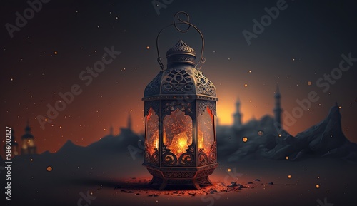 Ramadan mosque illustration lantern light candle dark cinematic background ai generated