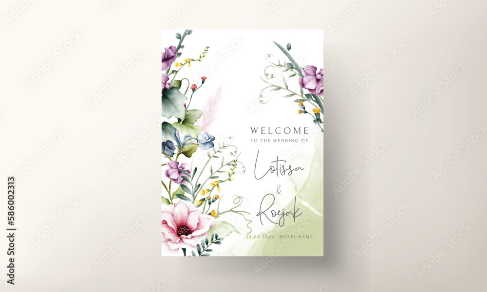 beautiful wedding invitation card with flower and leaves watercolor