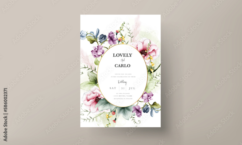beautiful wedding invitation card with flower and leaves watercolor