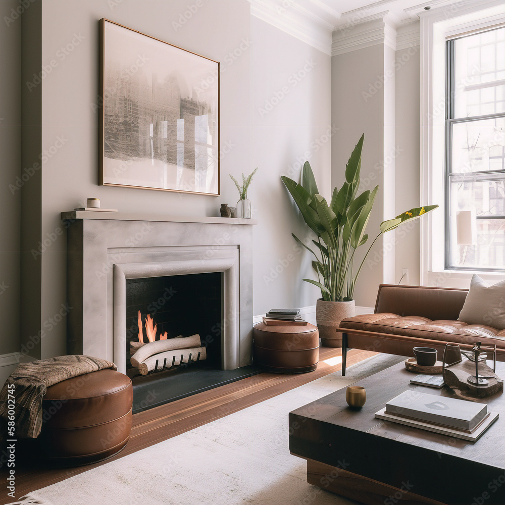 Contemporary Living Room Fireplace Leather, Wood Unique Art White, Black, Gray Restoration Natural Light New York City Late Afternoon Cozy, Inviting Modern Apartment Contemporary Living Room Fireplace Leather, Wood Unique Art White, Black, Gray Restoration Natural Light New York City Late Afternoon Cozy, Inviting Modern Apartment