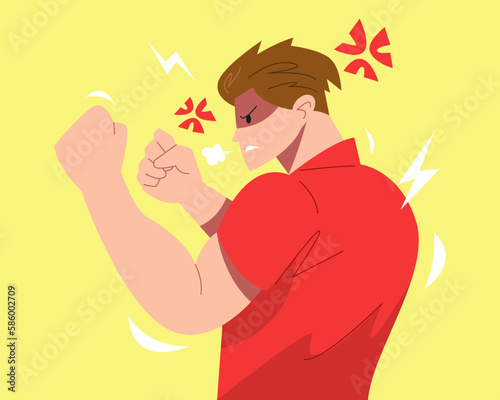 male character clenching fist. fighting pose muscle man side view. yellow background. concept of fighting, angry, annoyed, etc. flat vector illustration.