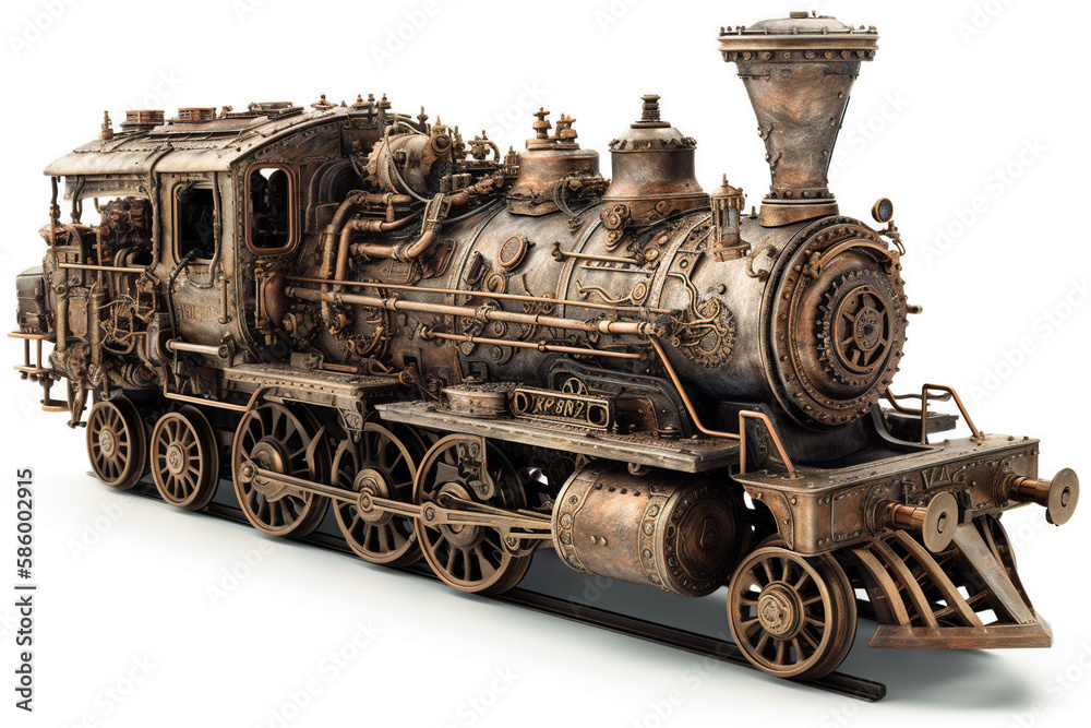 Model of the old steam locomotive on a white background. Generative AI
