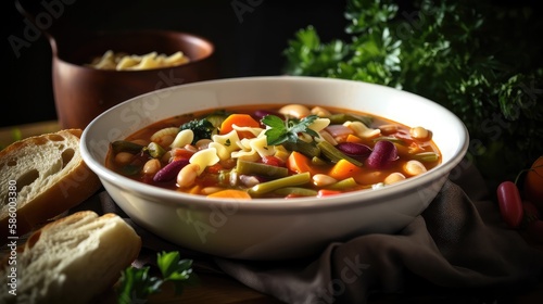 A hearty bowl of Italian minestrone soup with colorful vegetables