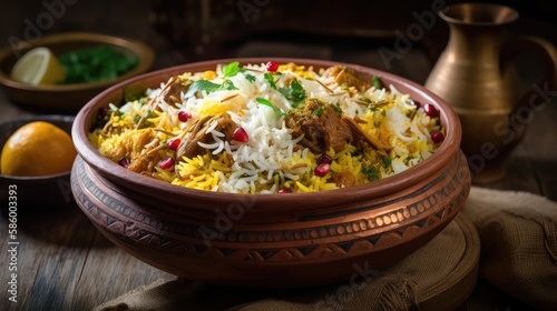 A bowl of fragrant biryani with layers of spiced rice