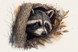 A curious raccoon peeking out of a tree, with a watercolor background featuring shades Generative AI