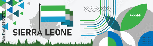 Sierra Leone national day banner with map, flag colors theme background and geometric abstract retro modern green white blue design. Sierra Leone flag Africa Vector Illustration.