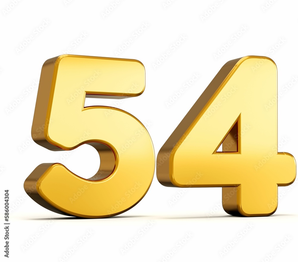 3d illustration of the golden number fifty-four isolated on white background with shadow