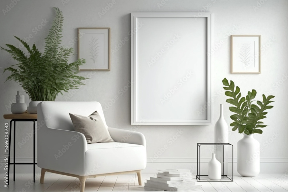 A cozy domestic room with white walls, empty picture frame, stylish furniture and potted plant. Generative ai illustration A cozy domestic room with white walls, empty picture frame, stylish furniture and potted plant. Generative ai illustration