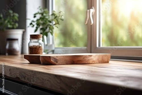 rustic wooden cutting board on a kitchen countertop created with Generative AI technology