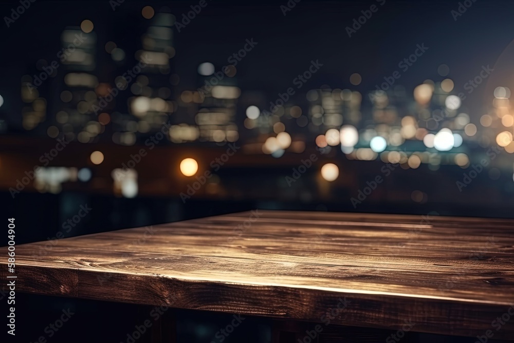 wooden table with a blurred cityscape background created with Generative AI technology