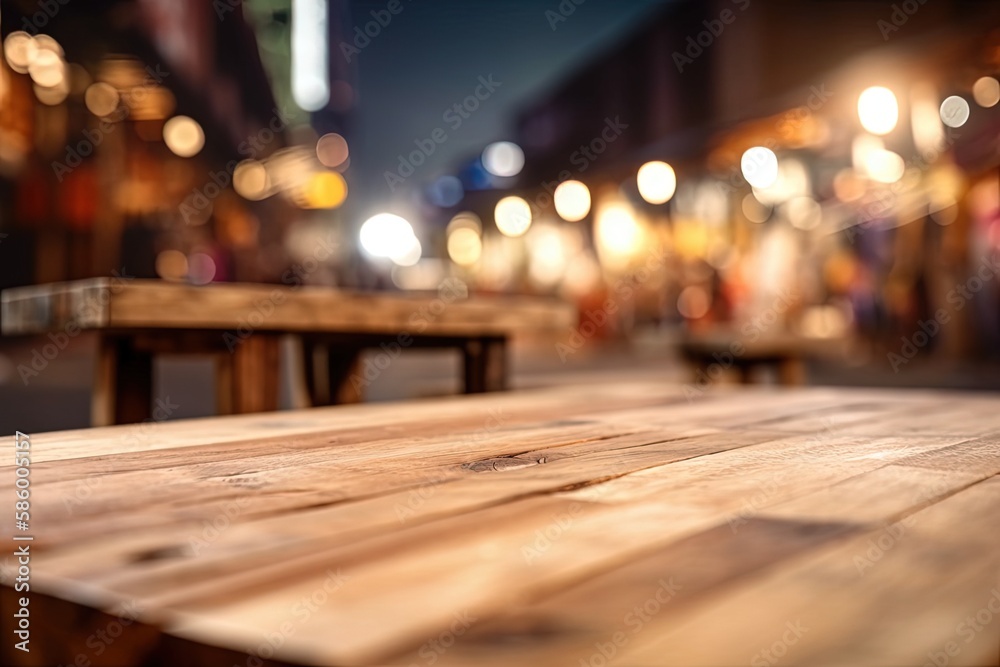 wooden table placed in the middle of a busy city street created with Generative AI technology