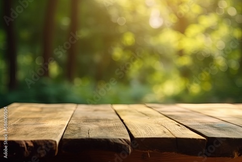 rustic wooden table in the middle of a forest clearing created with Generative AI technology