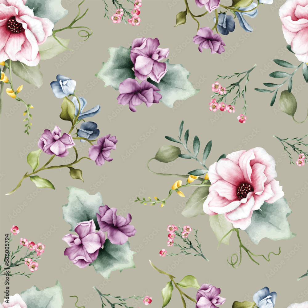 Fototapeta seamless floral pattern with pink and purple flowers
