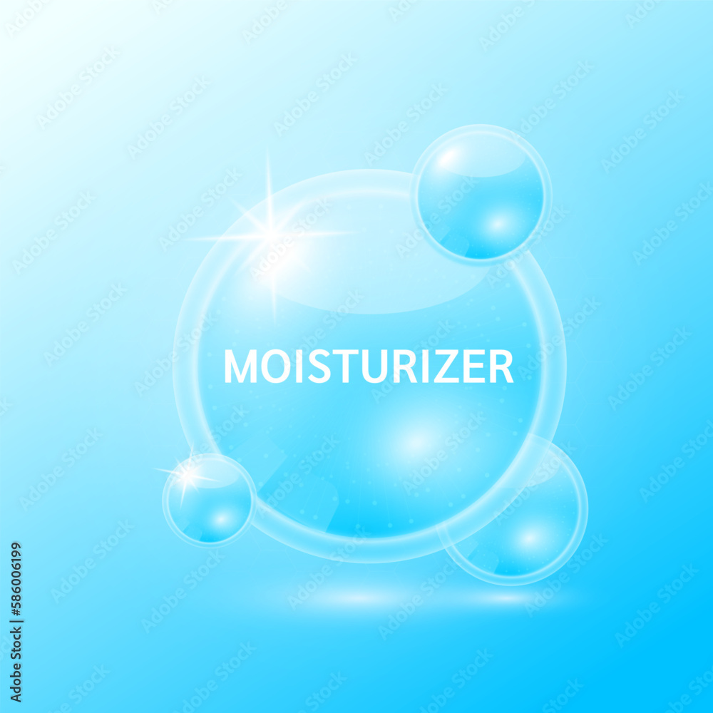 Aqua moisturizer solution. Collagen serum and hyaluronic acid skincare. Substance for beauty cosmetic with chemical formula from nature. Medical scientific concept. 3D Realistic Vector.