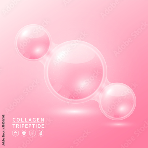 Pink collagen tripeptide solution. Substance for beauty cosmetic with chemical formula from nature. Vitamins serum and hyaluronic acid skincare. Medical scientific concept. 3D Realistic Vector.