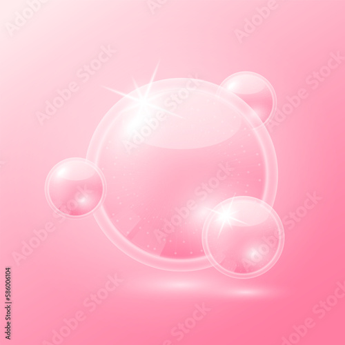 Pink collagen solution. Vitamins serum and hyaluronic acid skincare. Substance for beauty cosmetic with chemical formula from nature. Medical scientific concept. 3D Realistic Vector.