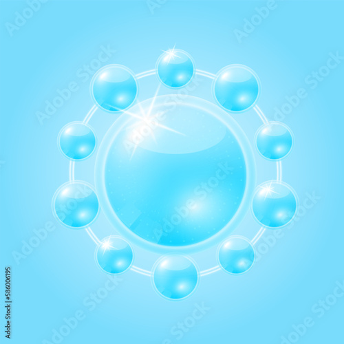 Blue hyaluronic acid solution. Substance for beauty cosmetic with chemical formula from nature. Vitamins serum and collagen skin care. Medical scientific concept. 3D Realistic Vector.
