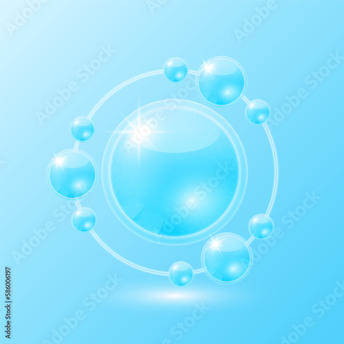 Blue hyaluronic acid solution. Collagen serum and moisturizer skin care radius ring surrounds. Substance for beauty cosmetic with chemical from nature. Medical scientific concept. 3D Vector. © Adisak