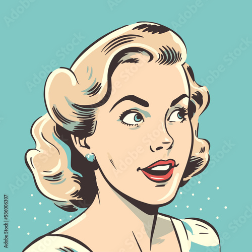 Surprised, interested young woman's facial expression in 1950s cartoon style