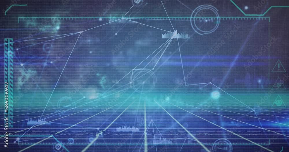 Animation of network of connections and data processing over grid network on blue background