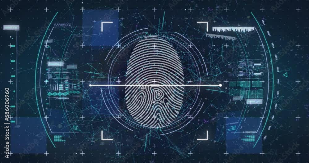 Animation of fingerprint in viewfinder and circles over connected dots against abstract background