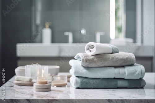 neat stack of towels on a bathroom countertop created with Generative AI technology