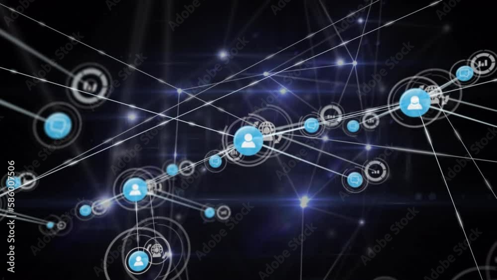 Animation of glowing network of connections and digital icons against black background Animation of glowing network of connections and digital icons against black background