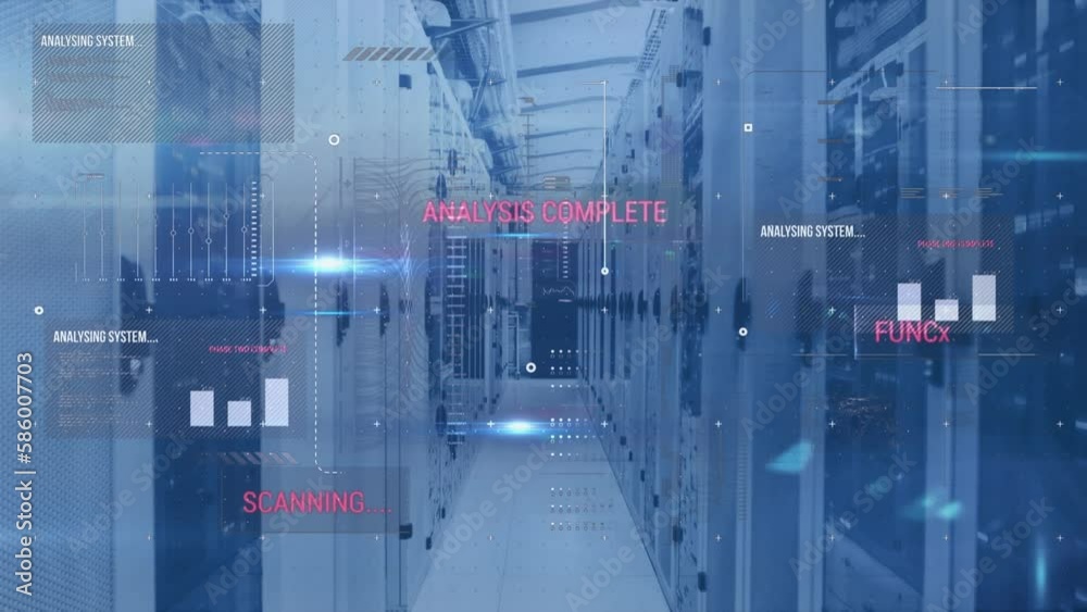 Animation of data processing and moving columns over server room Animation of data processing and moving columns over server room