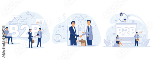 B2B Business to business. Successful business collaboration. Tiny businessmens enter into agreement. Marketing strategy, commerce, set flat vector modern illustration © Alwie99d