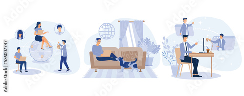Distance working concept, Outsourcing, work home office, online conference, freelance job, team digital meeting, IT business, internet platform, set flat vector modern illustration