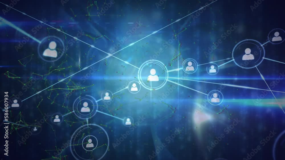 Animation of network of profile icons over light trails and spots against blue background Animation of network of profile icons over light trails and spots against blue background
