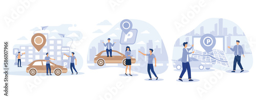 Car in Parking area. Public car-park. Urban transport. Road sign. Tiny people looking for parking space, park automobile. set flat vector modern illustration  