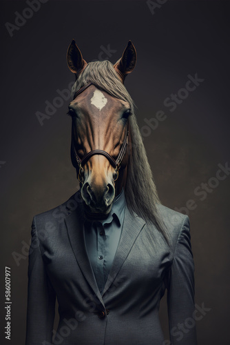 Female Horse Animal with long hair, dressed in a suit. Working animal. Funny working animals concept. Corporate office. Generative art