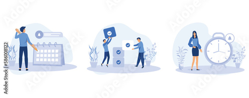 Business illustration set. Characters planning and organizing schedule, work task and time management strategy to increase productivity. Self management and multitasking, set flat vector modern illust