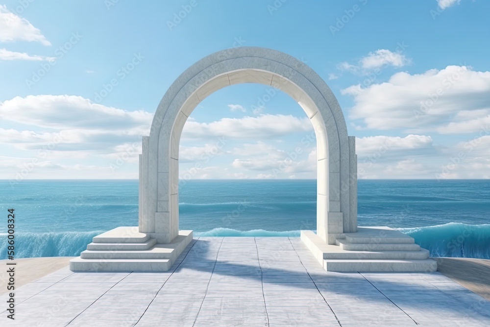 majestic white arch standing at the edge of the ocean created with Generative AI technology