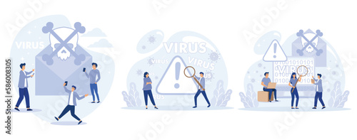 Computer virus concept. Hacker attack and web security. Scam alert. Spam, malicious application. Envelope with skull, set flat vector modern illustration