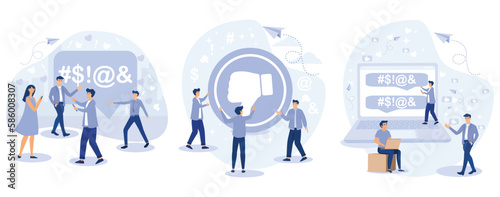 Haters online. Cyberbullying, bullying internet, trolling and hate speech. Tiny people put dislikes and write negative comments, set flat vector modern illustration 
